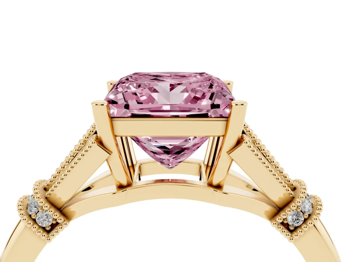 Fancy Pink Princess Cut Diamond Solitaire Ring with Floral Filigree and Pave Accents Yellow gold