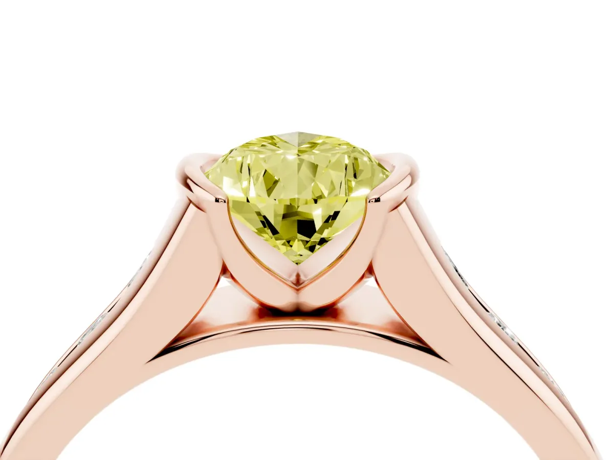 Fancy Yellow Pear Cut Solitaire Bezel-Set Diamond Ring with Channel-Set Band Rose gold