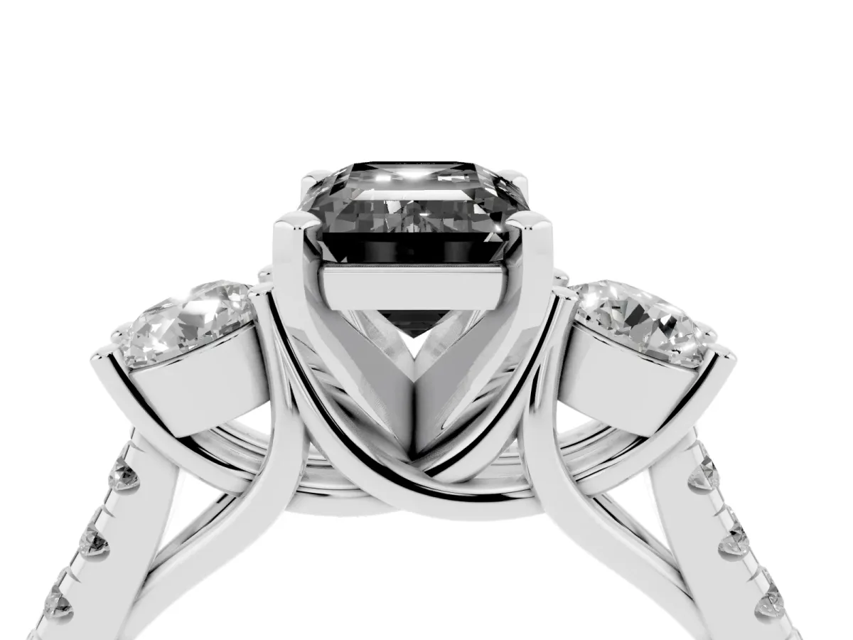 Fancy Black Three-Stone Emerald Cut Diamond Pavé Band with Four-Prong Setting Silver
