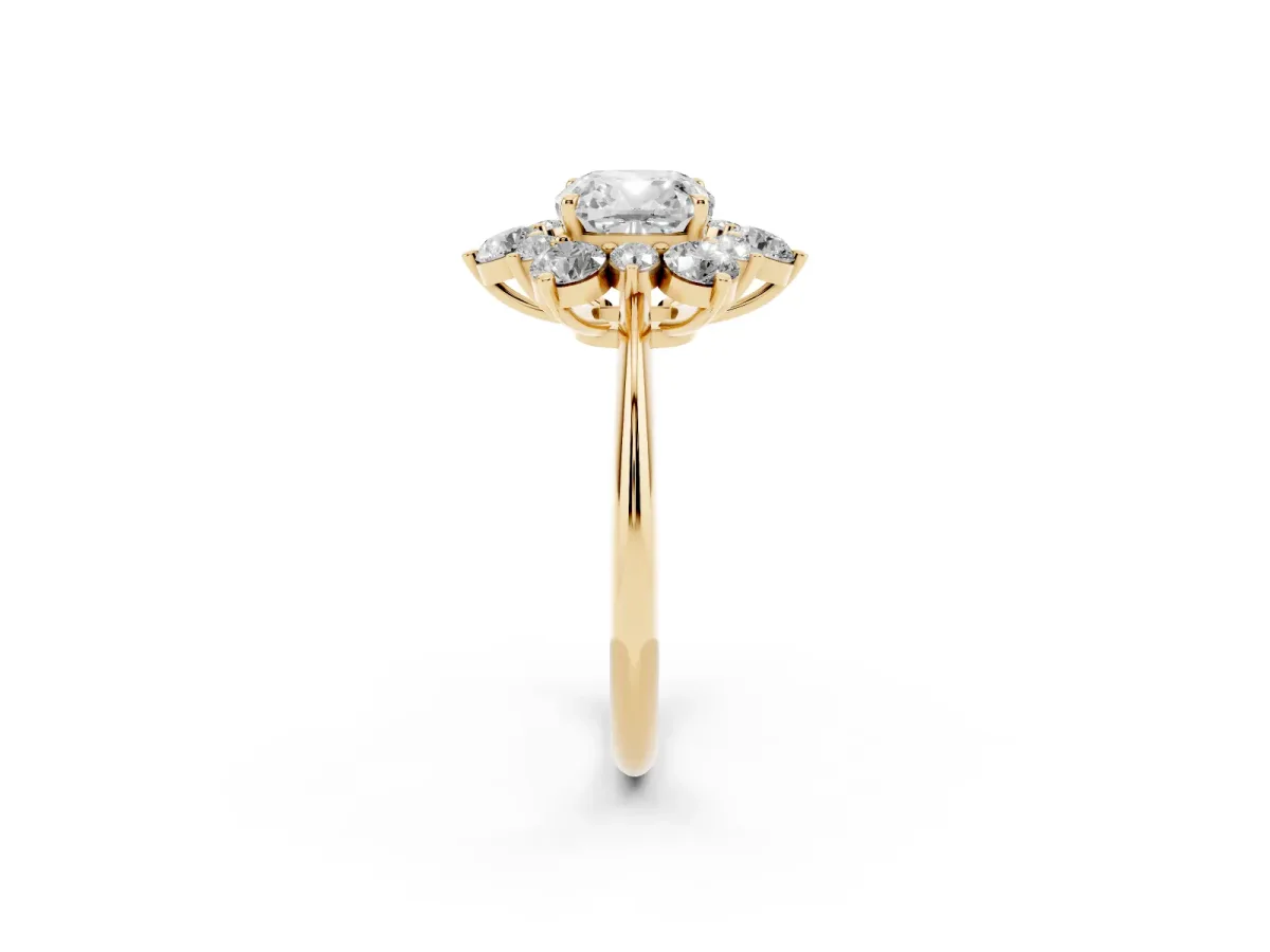 Cushion Cut Diamond Cluster Halo Ring with Solitaire Band and Four-Prong Setting Yellow gold