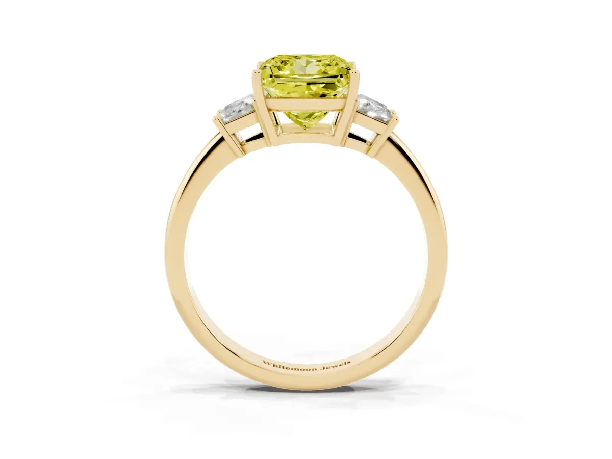 Fancy Yellow Princess Cut Diamond Three-Stone Ring with Trapezoid Side Stones and Prong Setting Yellow gold