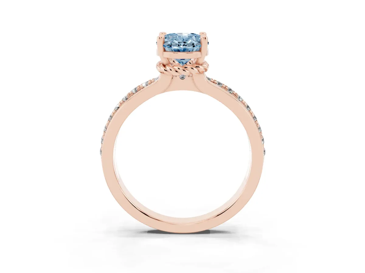 Fancy Blue Oval Cut Solitaire Diamond Ring with Channel Set Band and Six-Prong Setting Rose gold