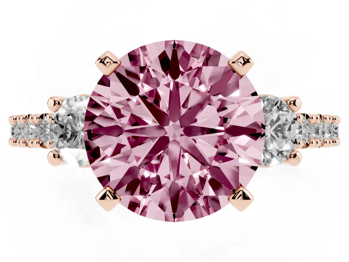 Fancy Pink Round Cut Three-Stone Diamond Pavé Band with Prong Setting Rose gold