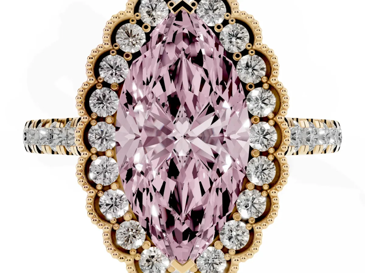Fancy Pink Marquise Cut Cut Diamond Milgrain Floral Halo Engagement Ring with Pavé Band Yellow gold