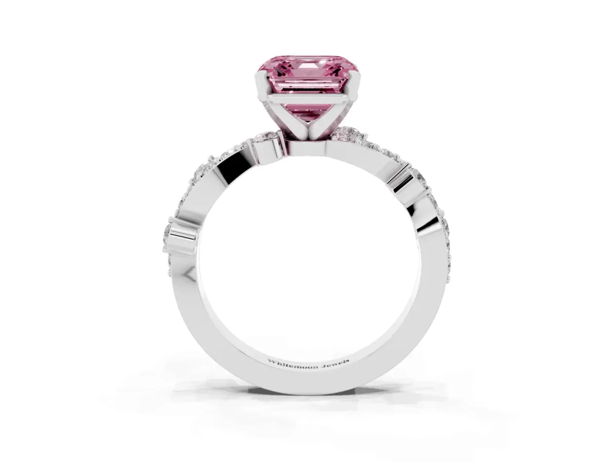Fancy Pink Asscher Cut Cut Solitaire Diamond Twisted Band with Pave Setting Silver