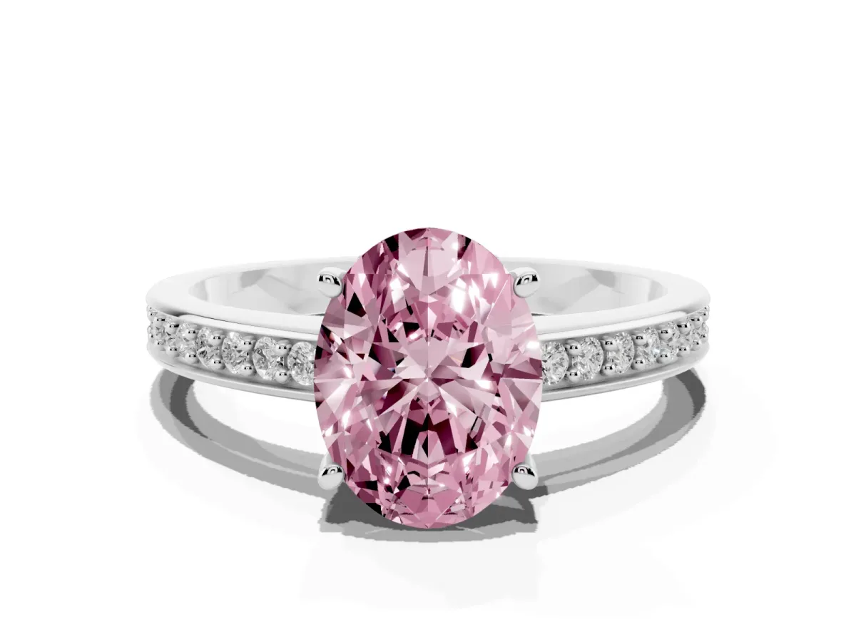 Fancy Pink Oval Cut Solitaire Pavé Band Prong Setting Ring Silver