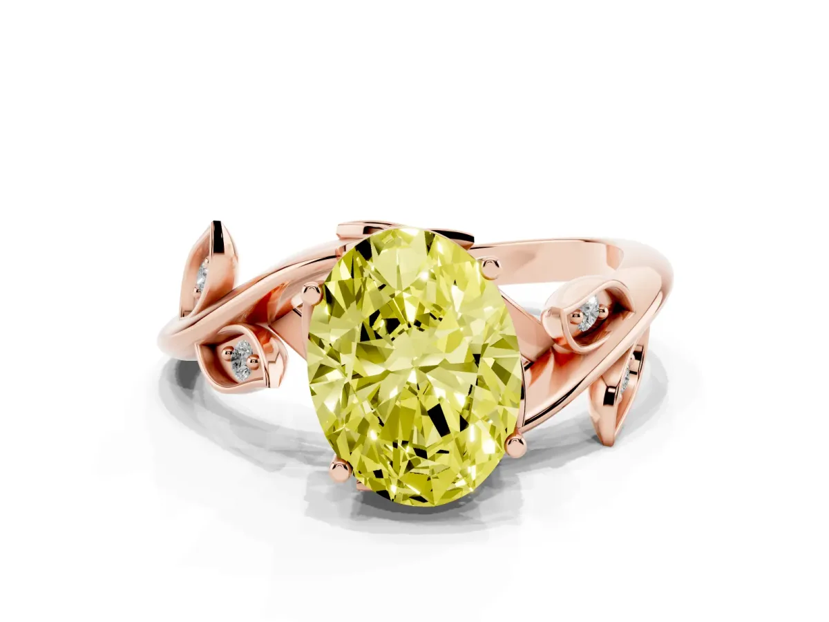 Fancy Yellow Oval Cut Solitaire Twist Engagement Ring with Leaf Accents and Prong Setting Rose gold