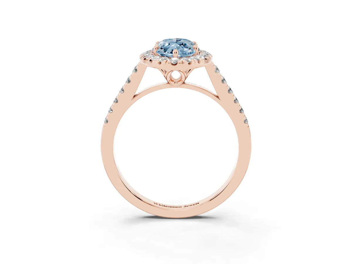 Fancy Blue Marquise Cut Halo Pavé Diamond Engagement Ring with Four-Prong Setting Rose gold