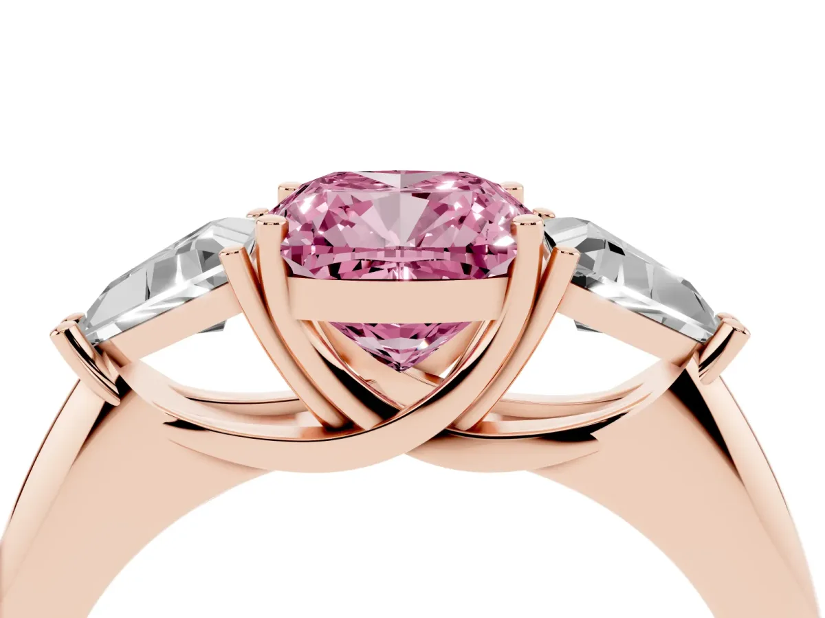 Fancy Pink Three-Stone Cushion Cut Diamond Engagement Ring with Trillion Side Stones and Prong Setting Rose gold