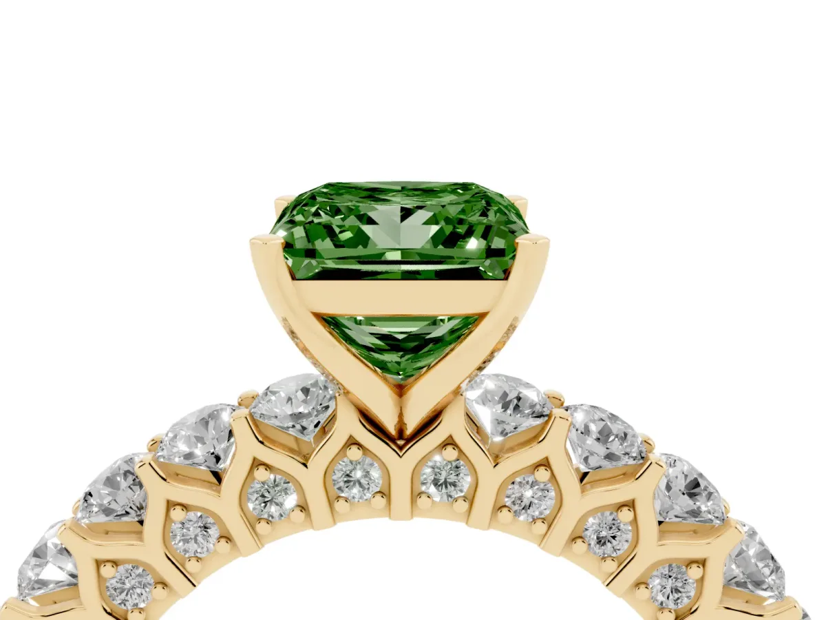 Fancy Green Princess Cut Diamond Solitaire Ring with Shared Prong Pavé Band and Four-Prong Setting Yellow gold