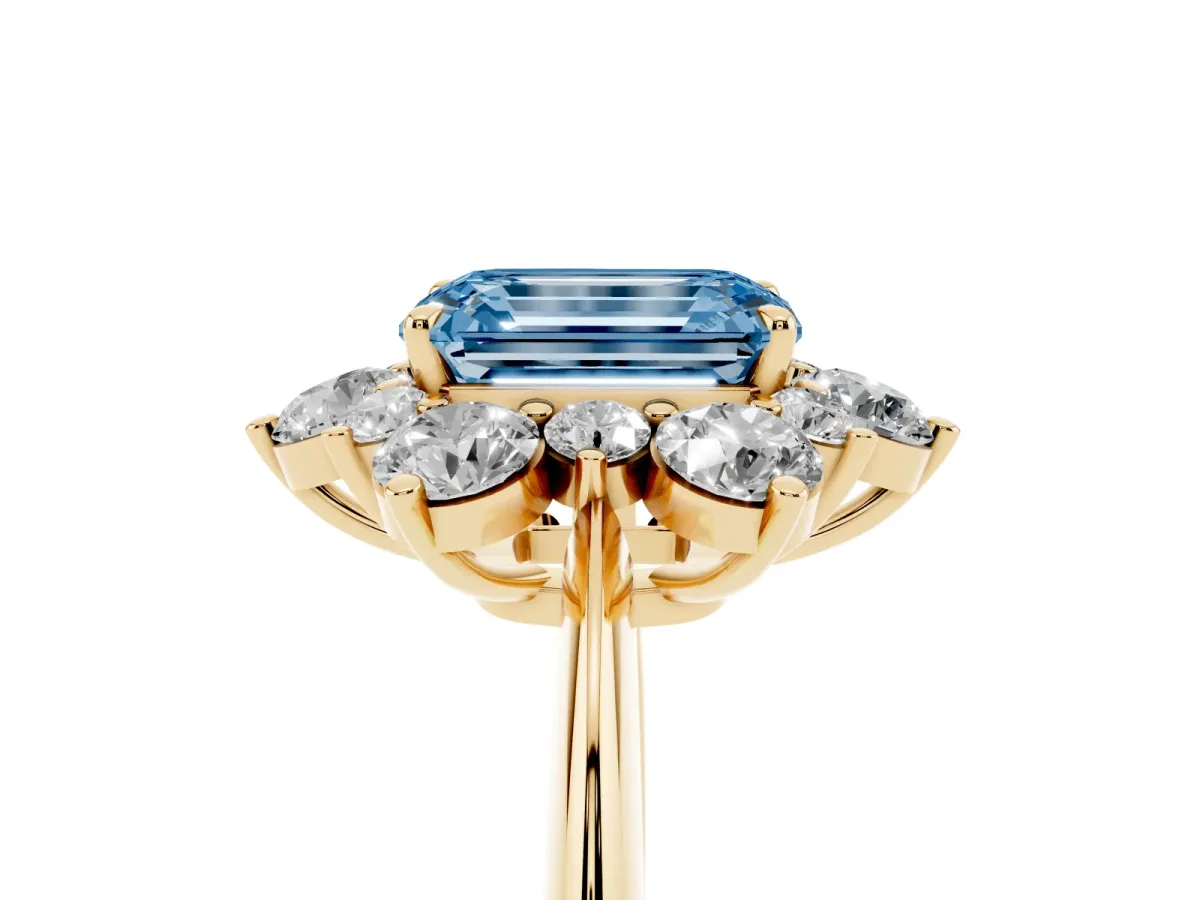 Fancy Blue Emerald Cut Diamond Cluster Halo Ring with Solitaire Band and Four-Prong Setting Yellow gold