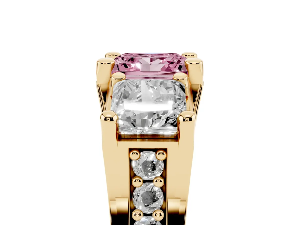 Fancy Pink Princess Cut Diamond Three-Stone Ring with Channel Set Band and Four-Prong Setting Yellow gold