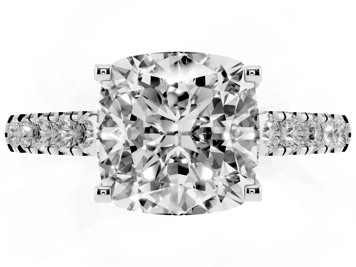 Cushion Cut Diamond Pavé Band Solitaire Ring with Prong Setting Platinum