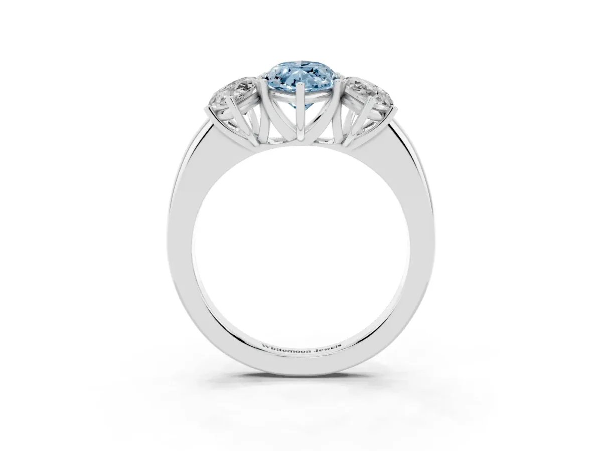 Fancy Blue Marquise Cut Diamond Three-Stone Ring with Four-Prong Setting and Classic Band Silver