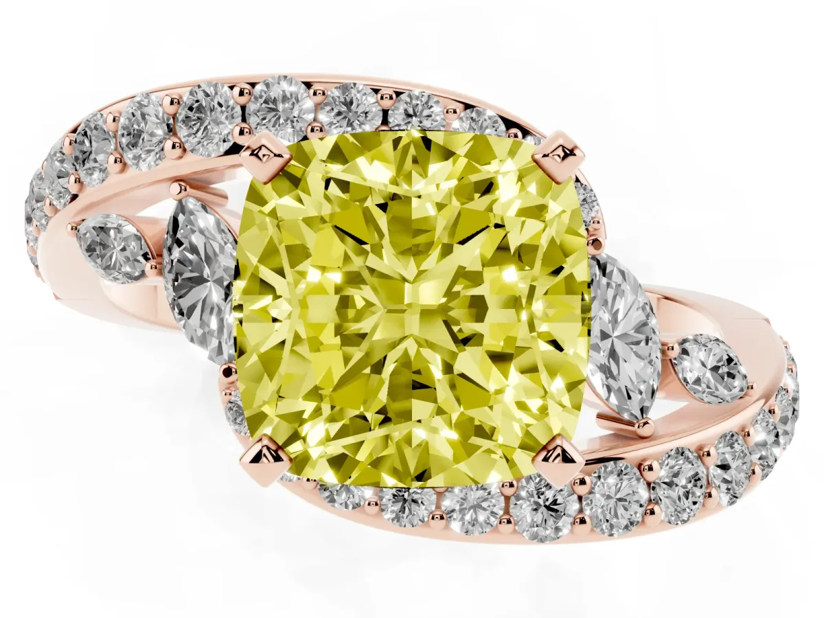 Fancy Yellow Cushion Cut Solitaire with Pavé Twist Band and Four-Prong Setting Rose gold