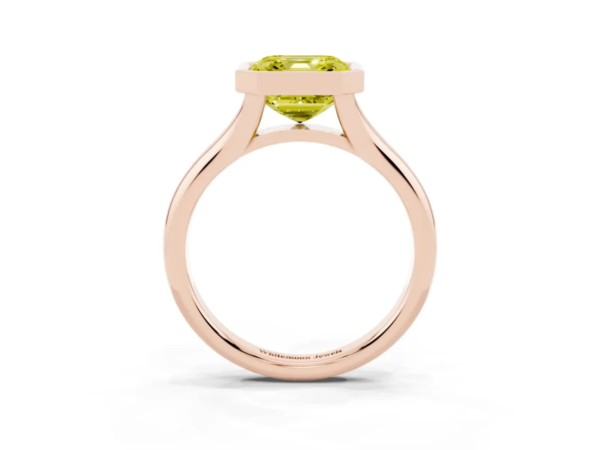 Fancy Yellow Bezel Set Asscher Cut Solitaire Diamond Ring with Smooth Band Rose gold