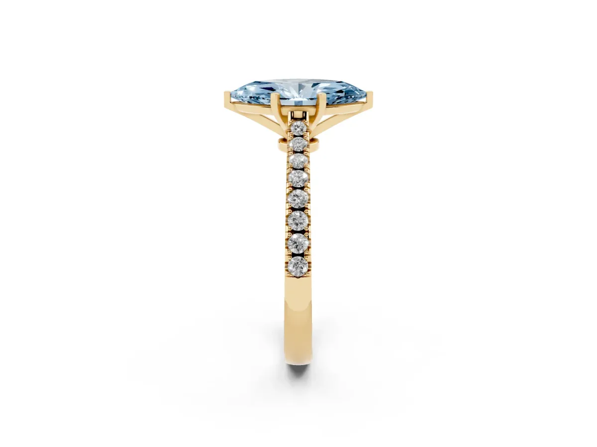 Fancy Blue Marquise Cut Cut Solitaire Diamond Engagement Ring with Pave Band and Four-Prong Setting Yellow gold