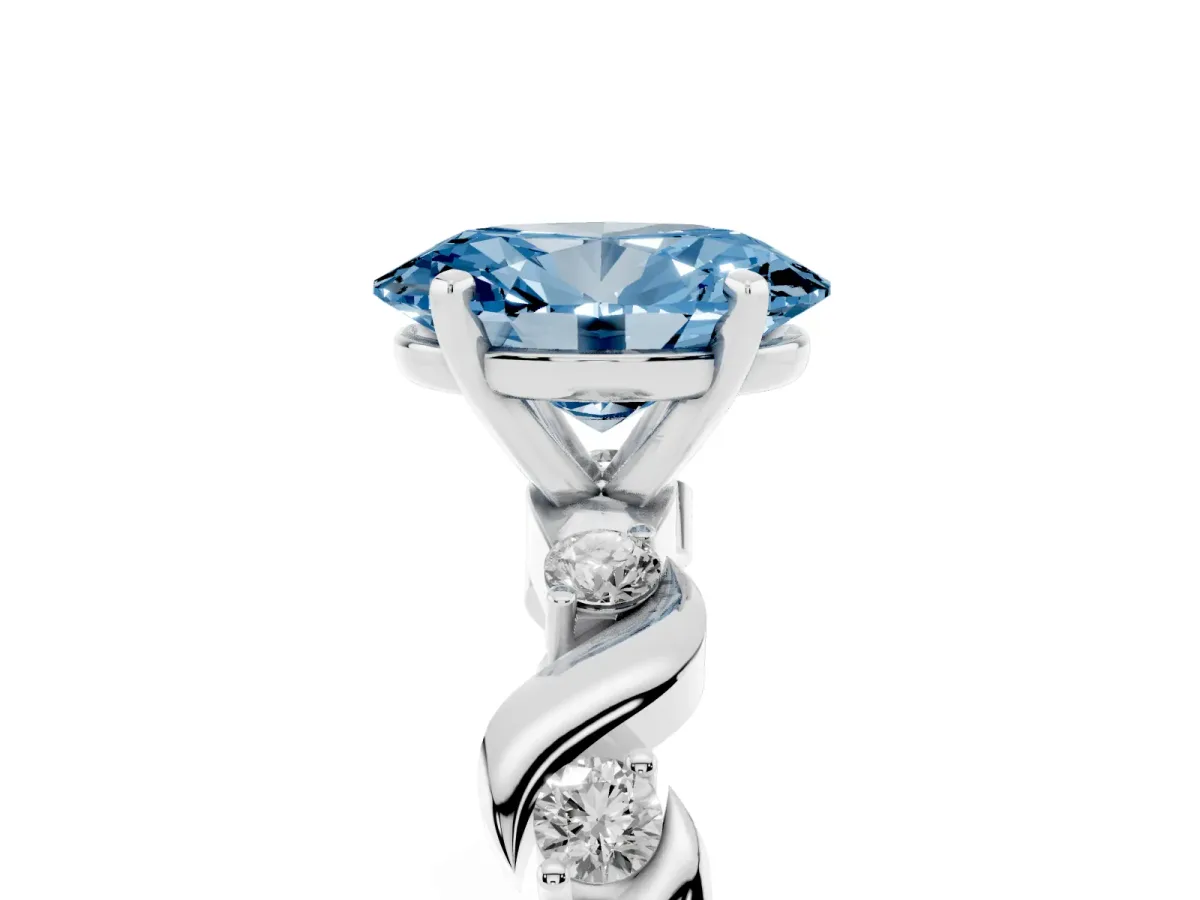 Fancy Blue Oval Cut Diamond Solitaire Twisted Band with Round Accents and Prong Setting Platinum