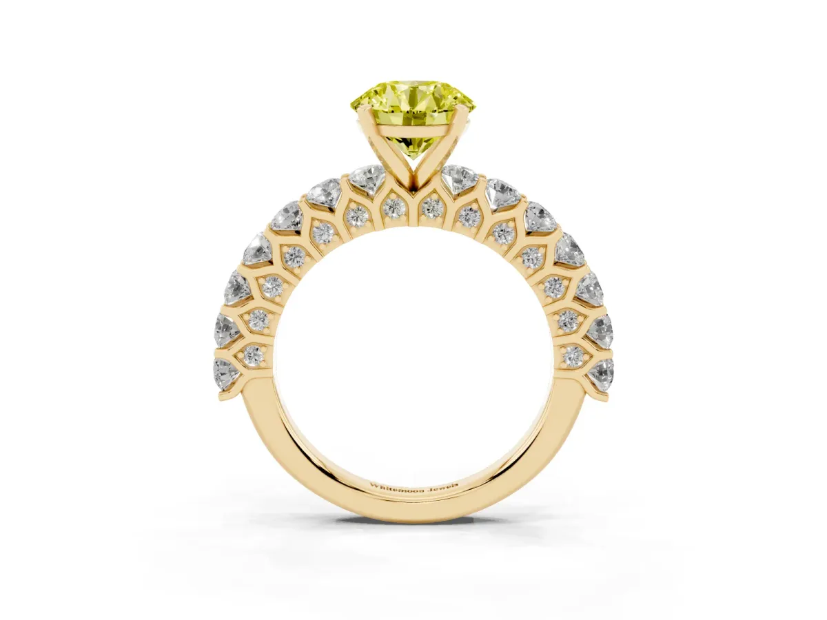 Fancy Yellow Round Cut Diamond Solitaire Ring with Shared Prong Pavé Band and Four-Prong Setting Yellow gold