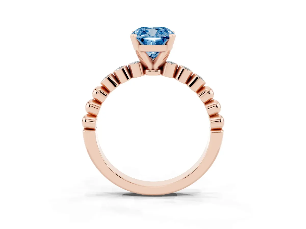 Fancy Blue Cushion Cut Solitaire Bezel Accent Diamond Engagement Ring with Beaded Band and Four-Prong Setting Rose gold