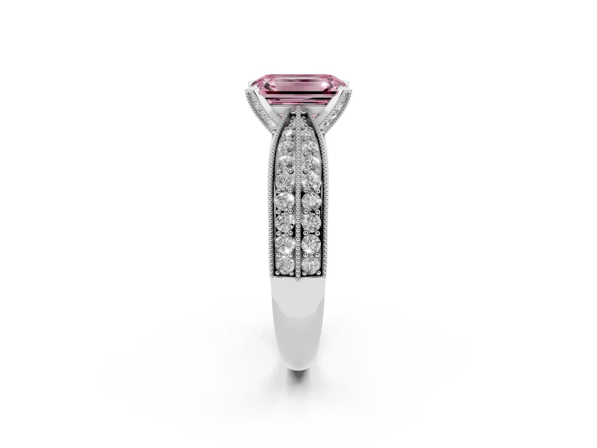 Fancy Pink Emerald Cut Diamond Solitaire Ring with Milgrain Round Pavé Band and Prong Setting Silver