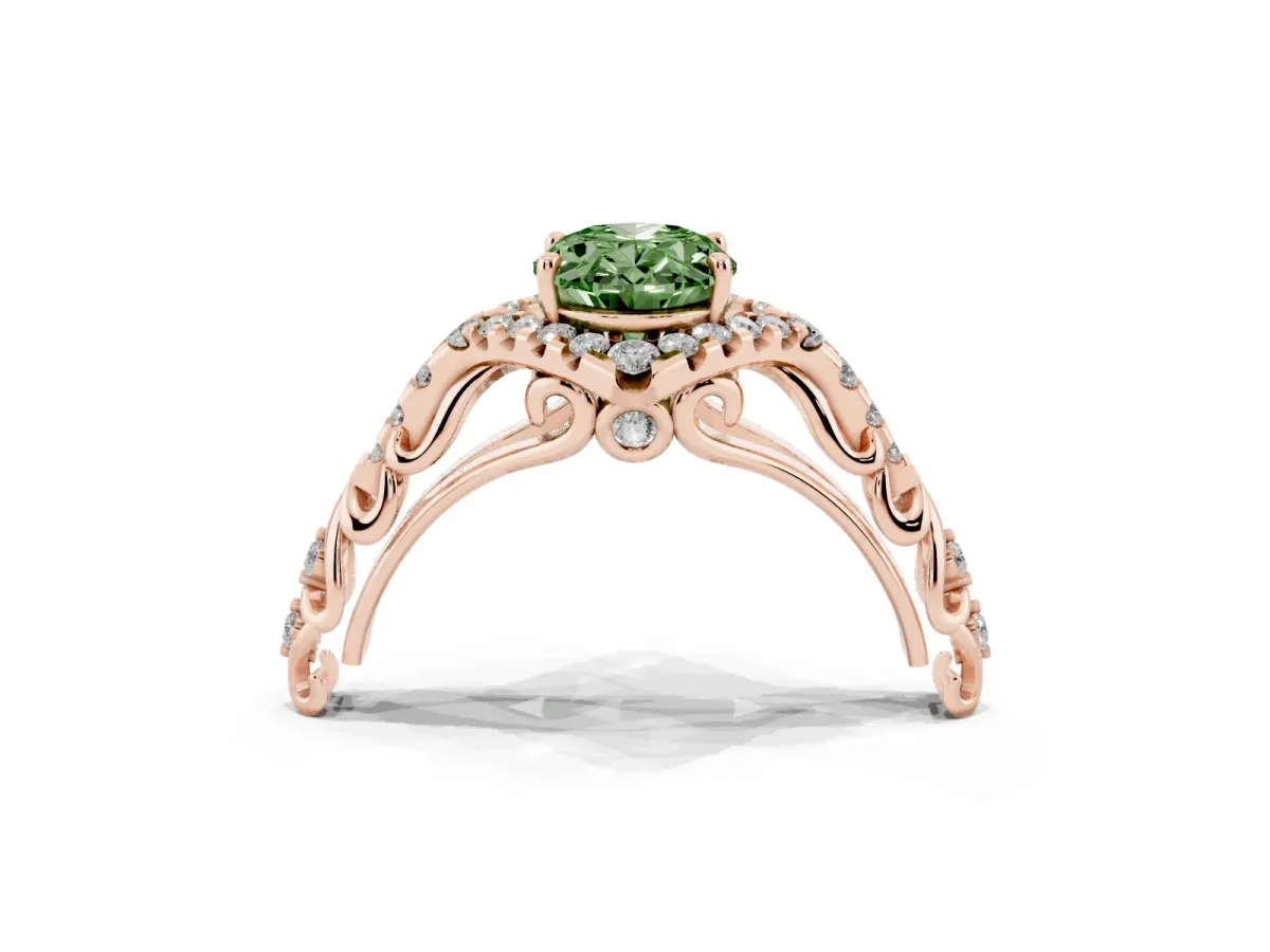 Fancy Green Oval Cut Diamond Solitaire Ring with Hidden Halo and Pavé Band Rose gold