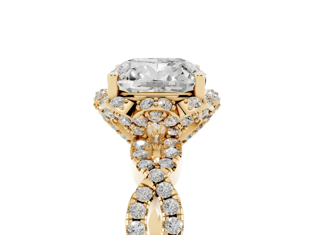 Cushion Cut Halo Twist Band Solitaire Ring with Six-Prong Setting Yellow gold