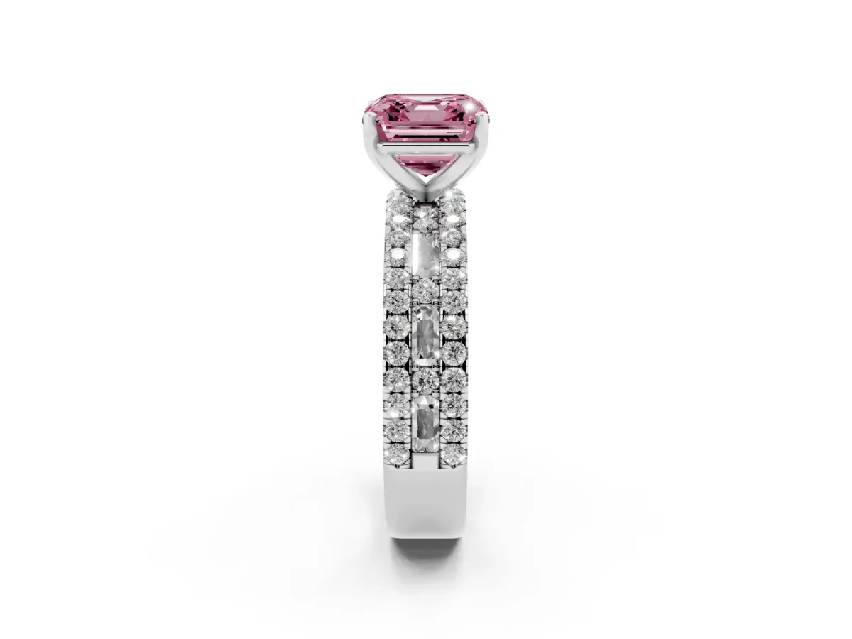 Fancy Pink Asscher Cut Diamond Solitaire Ring with Pavé and Channel Set Band Silver