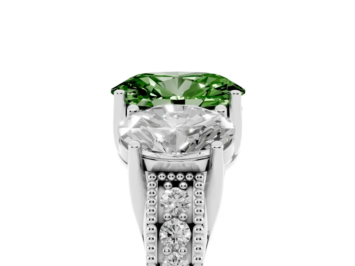 Fancy Green Three-Stone Oval Cut Cut Milgrain Pavé Engagement Ring Silver