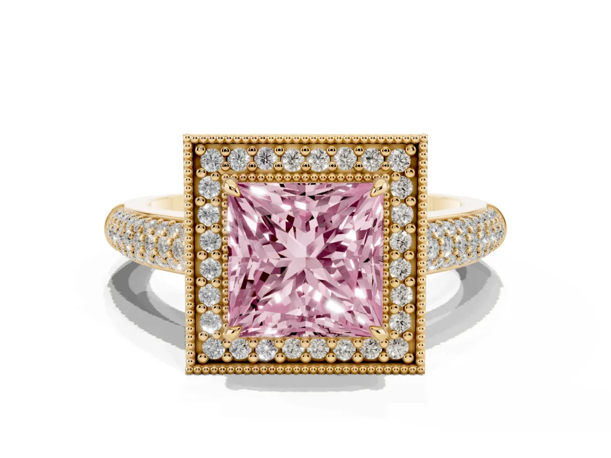 Fancy Pink Princess Cut Cut Halo Diamond Pave Band with Four-Prong Setting Yellow gold