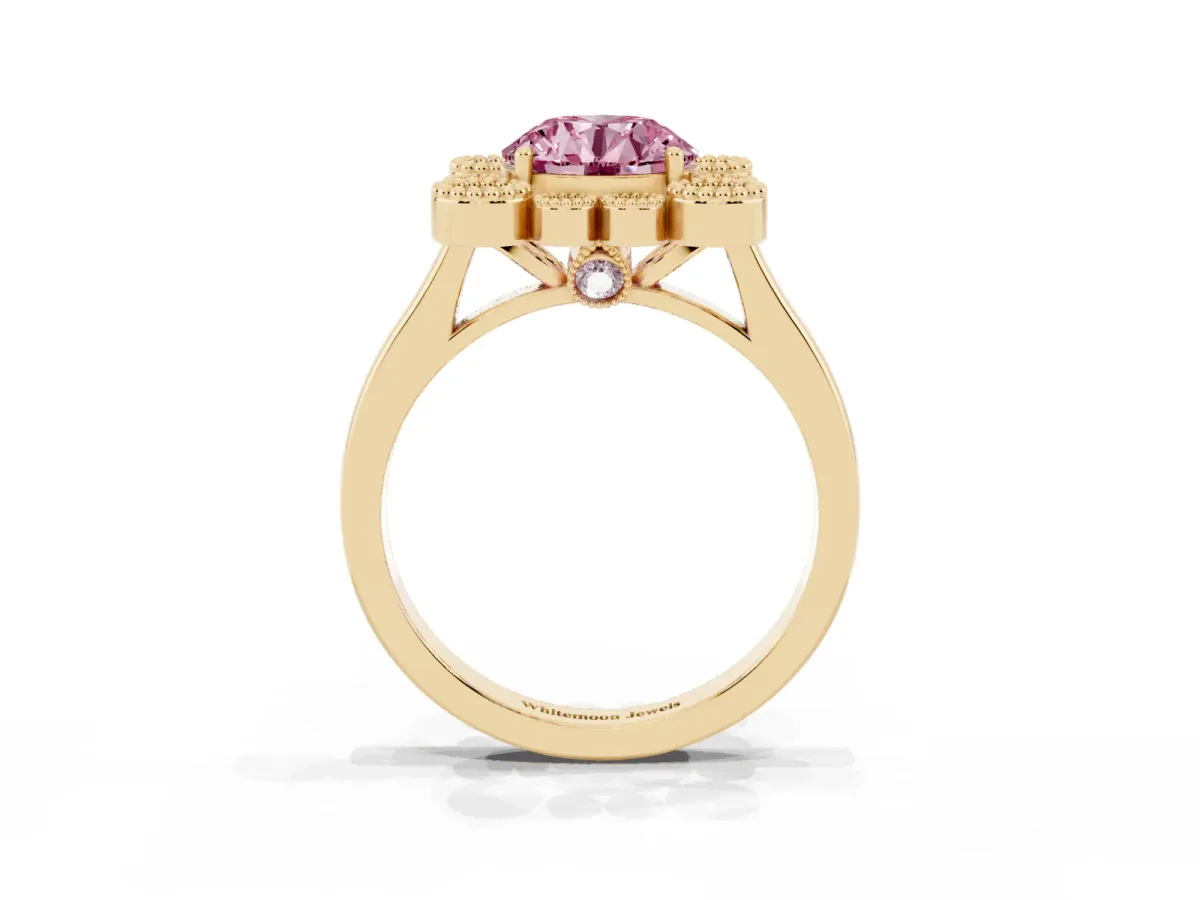 Fancy Pink Round Cut Halo Diamond Cluster Engagement Ring with Milgrain Bezel Setting and Solitaire Band Yellow gold