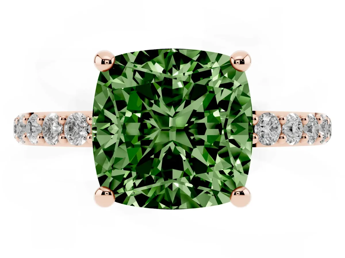 Fancy Green Cushion Cut Diamond Solitaire Ring with Round Pavé Band and Prong Setting Rose gold