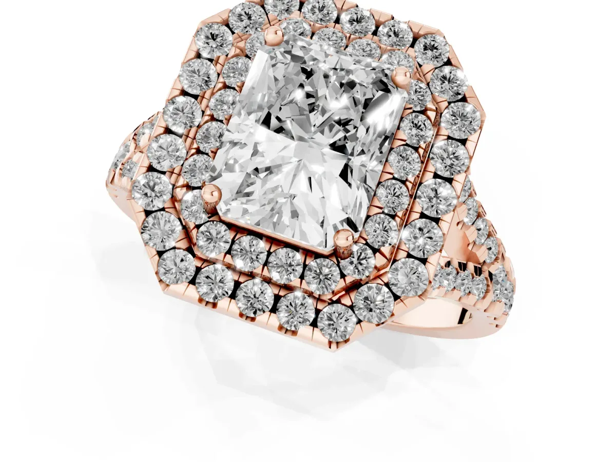 Double Halo Radiant Cut Diamond Pavé Split Shank Ring with Prong Setting Rose gold