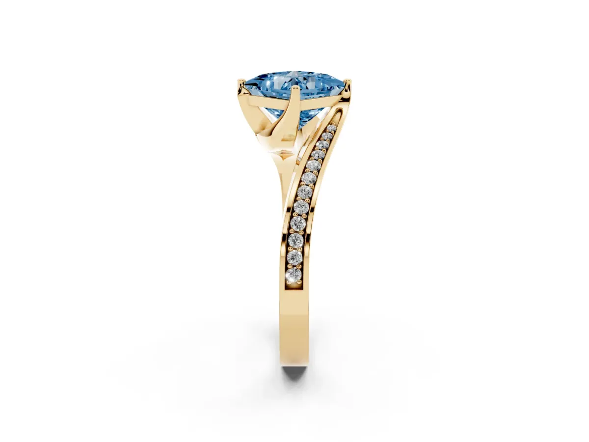 Fancy Blue Princess Cut Solitaire Diamond Twist Band with Pavé Setting and Four-Prong Setting Yellow gold