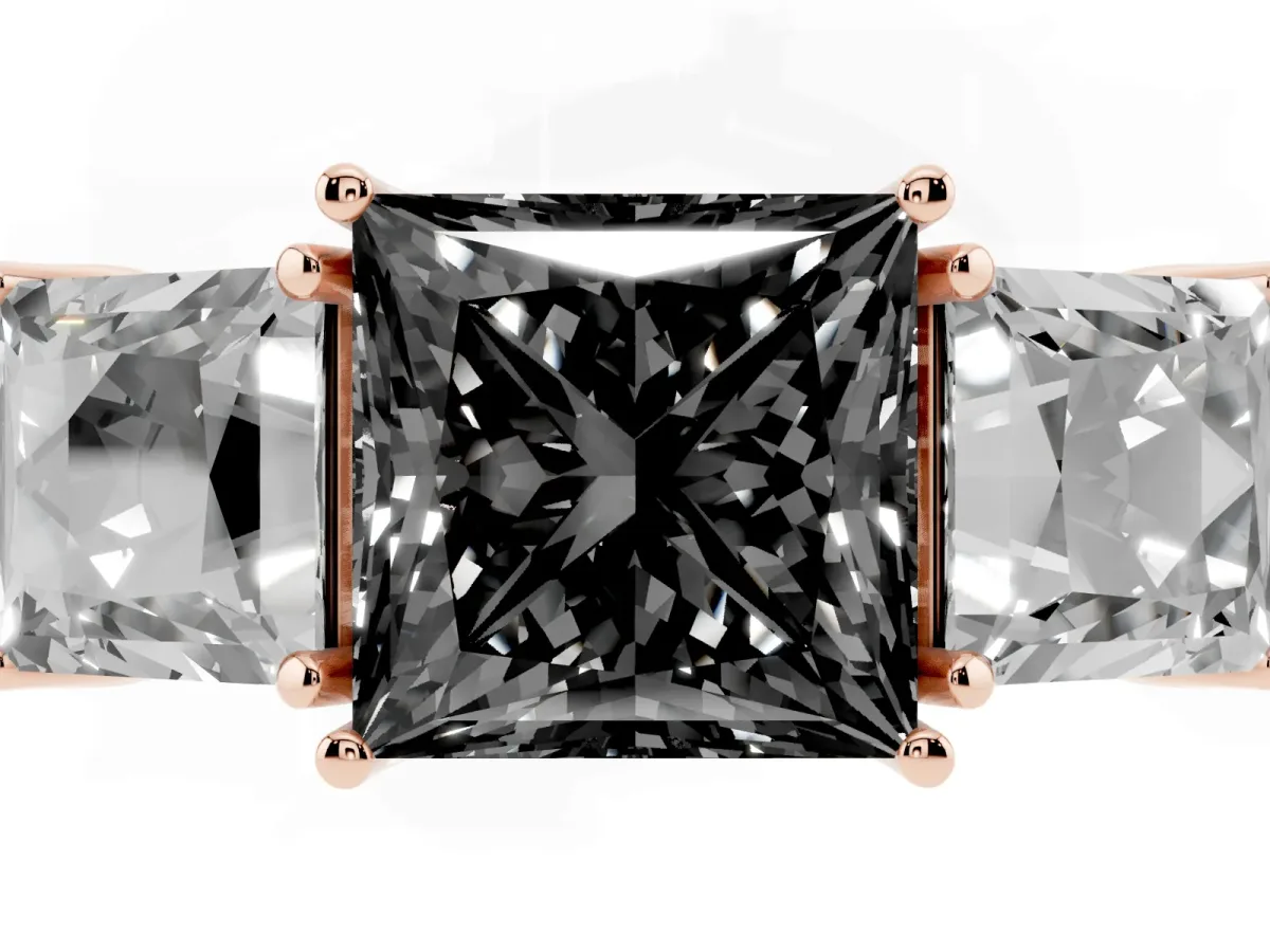 Fancy Black Three-Stone Princess Cut Cut Milgrain Pavé Engagement Ring Rose gold