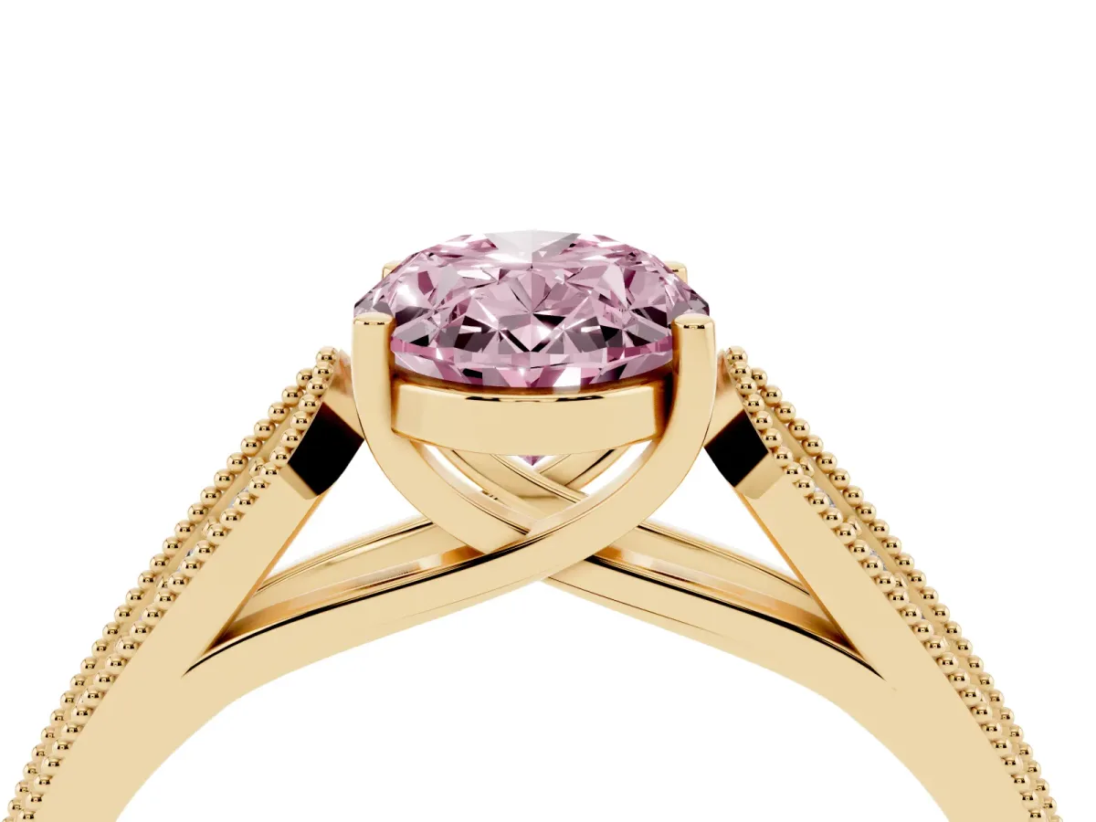 Fancy Pink Oval Cut Cut Pave Split Shank Engagement Ring with Four-Prong Setting Yellow gold