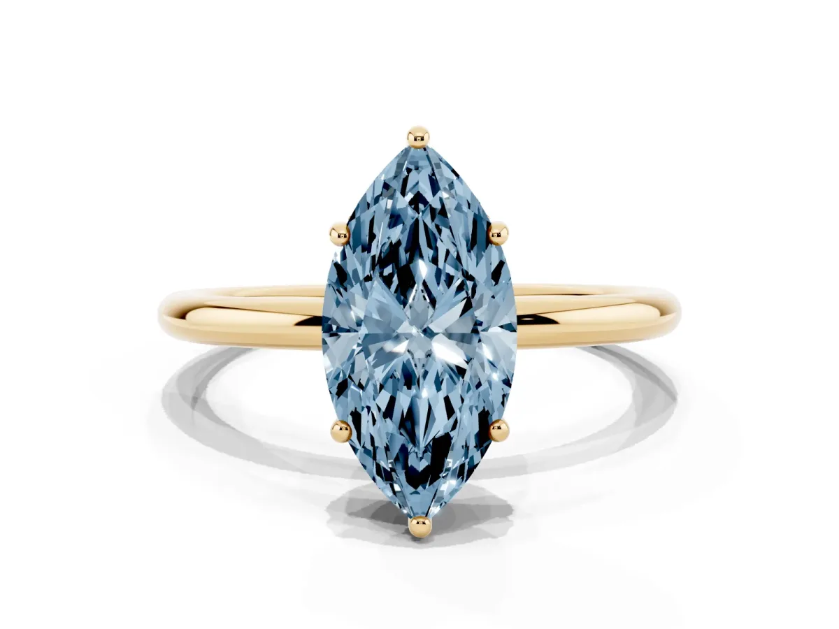 Fancy Blue Marquise Cut Solitaire Diamond Ring with a Classic Band and Four-Prong Setting Yellow gold