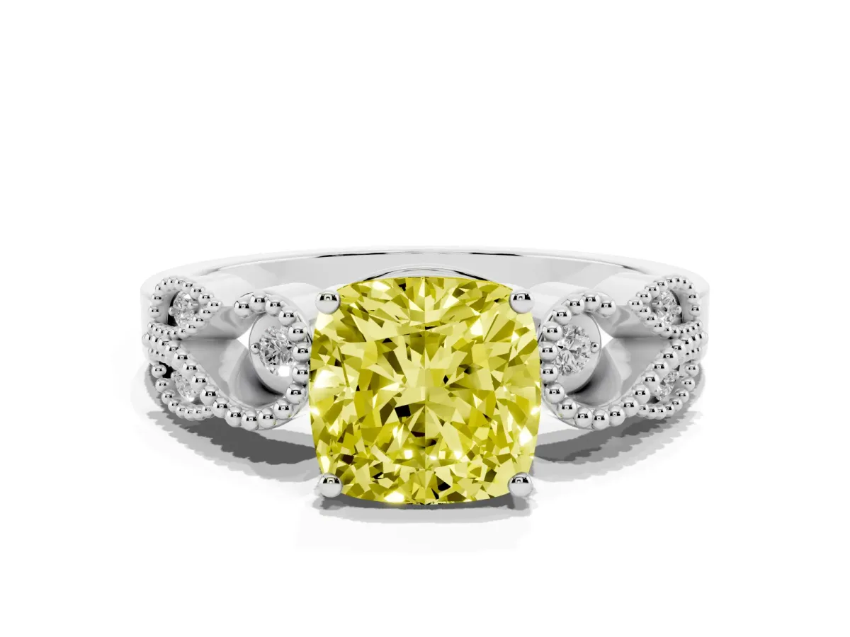 Fancy Yellow Cushion Cut Solitaire Milgrain Leaf Band with Prong Setting Platinum
