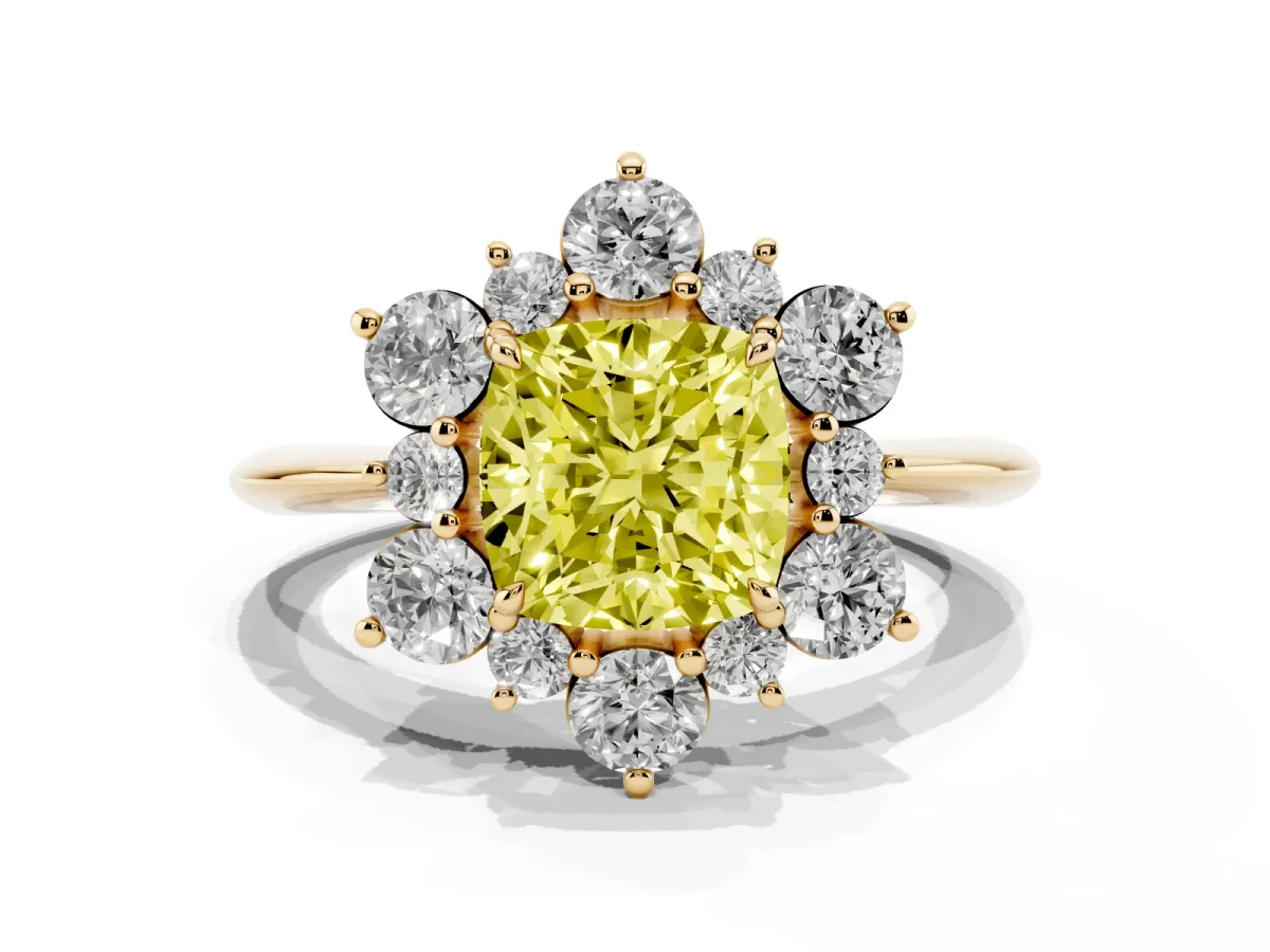 Fancy Yellow Cushion Cut Diamond Cluster Halo Ring with Solitaire Band and Four-Prong Setting Yellow gold