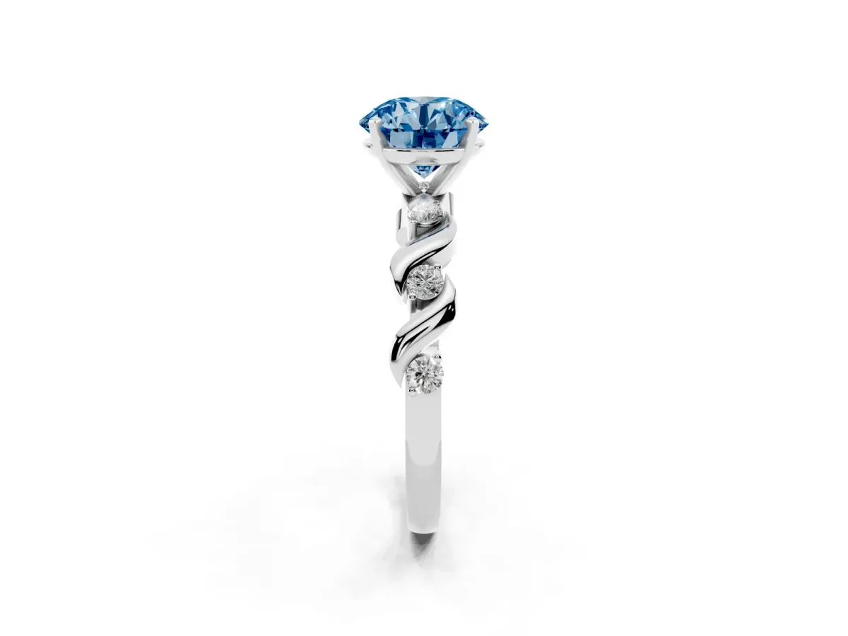 Fancy Blue Round Cut Diamond Solitaire Twisted Band with Round Accents and Prong Setting Silver