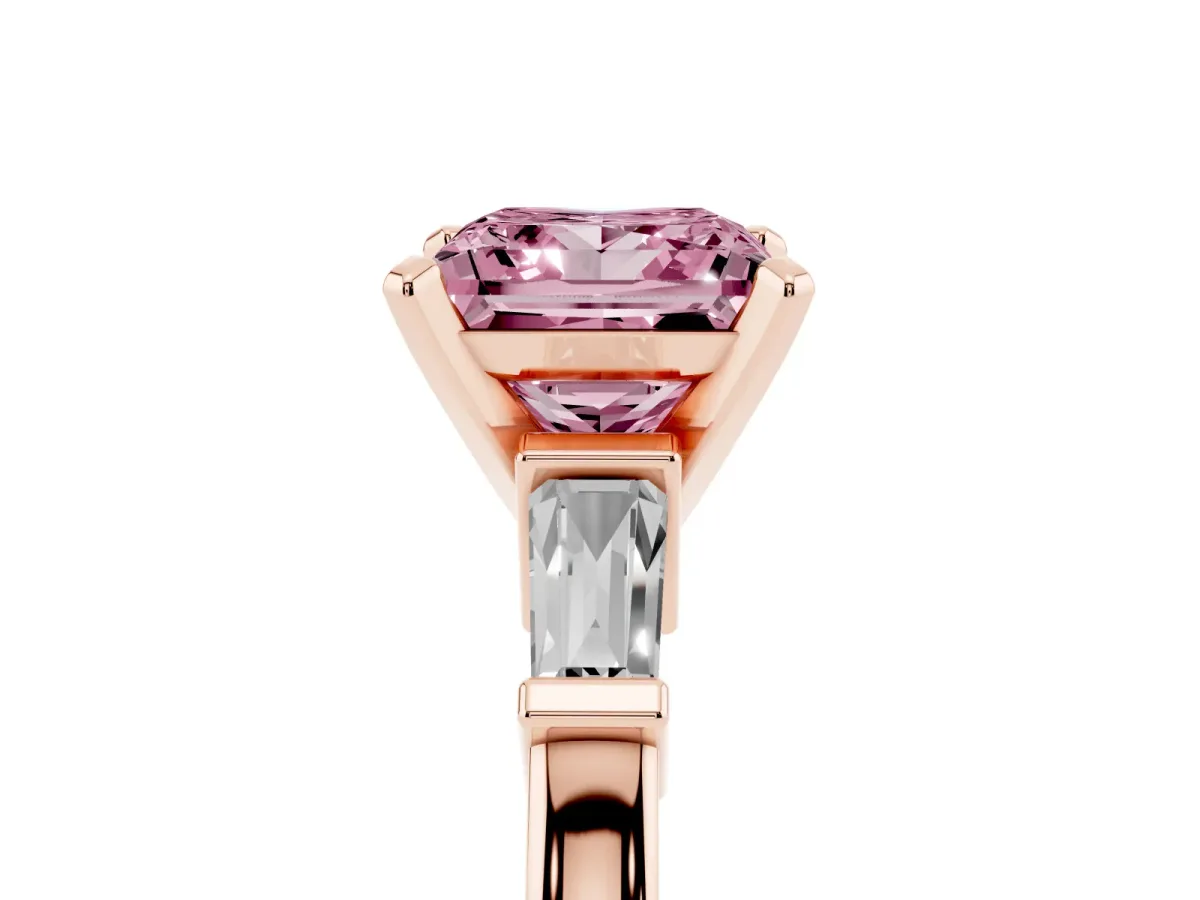Fancy Pink Princess Cut Cut Diamond Solitaire Ring with Tapered Baguette Accents and Four-Prong Setting Rose gold