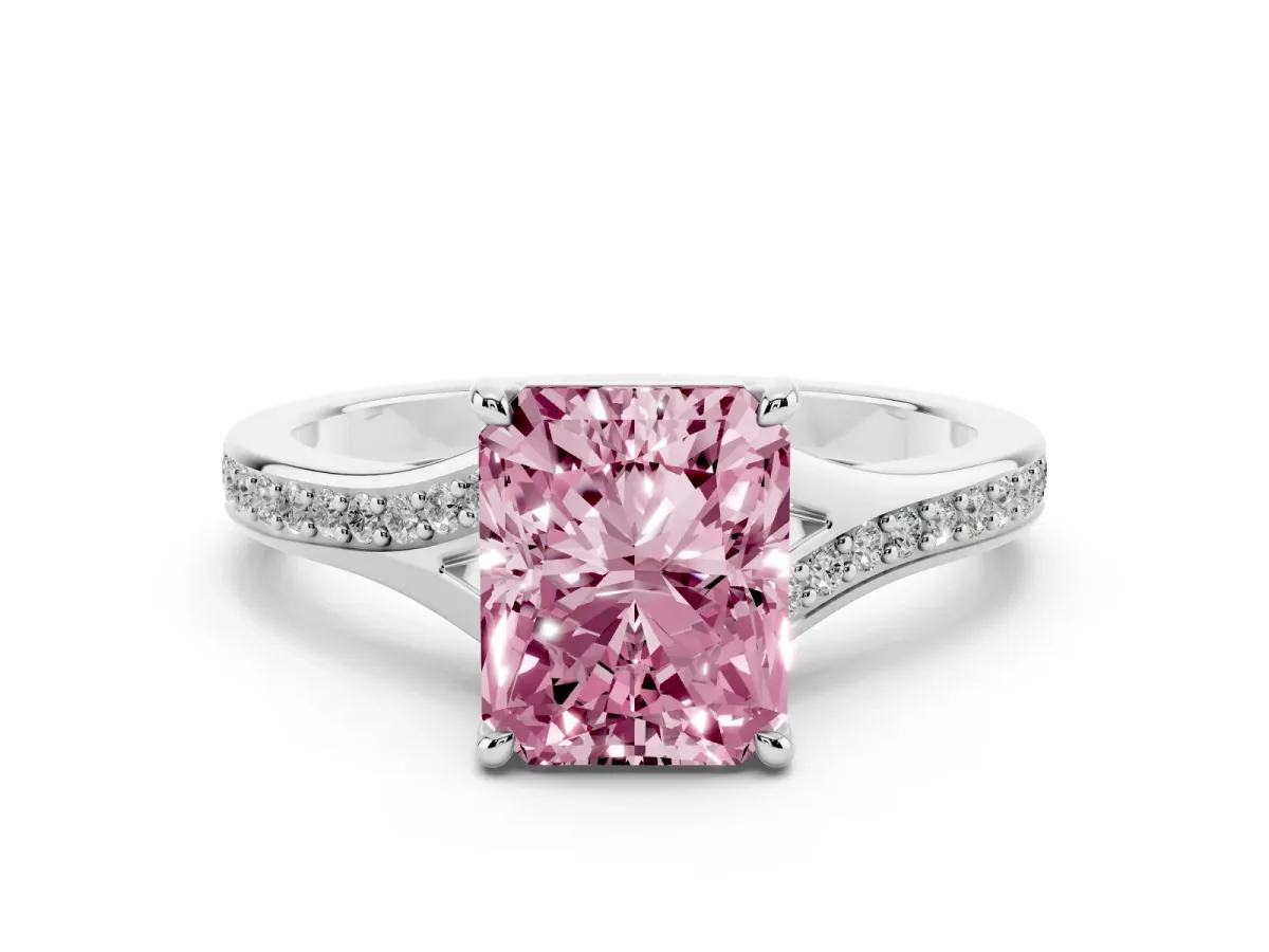 Fancy Pink Radiant Cut Diamond Solitaire Ring with Pavé Band and Prong Setting Silver