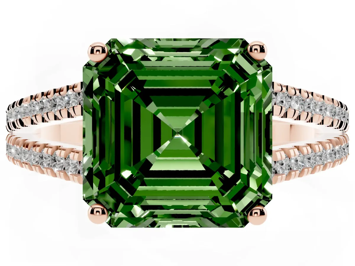 Fancy Green Asscher Cut Diamond Solitaire Engagement Ring with Split Shank Pavé Band Rose gold