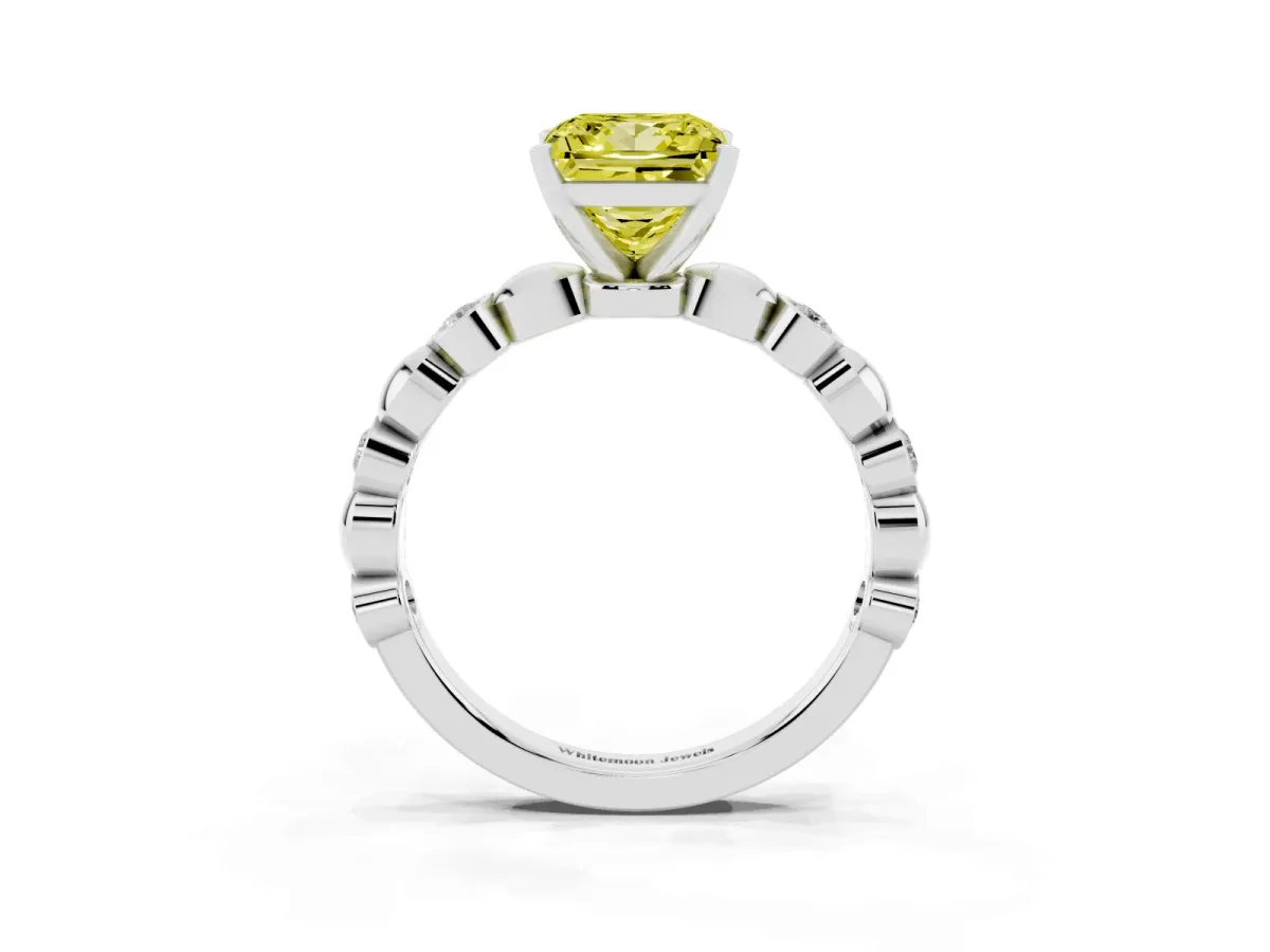Fancy Yellow Princess Cut Solitaire Bezel-Set Diamond Ring with Beaded Band and Four-Prong Setting Silver