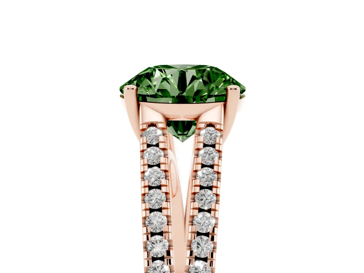 Fancy Green Round Cut Diamond Solitaire Engagement Ring with Split Shank Pavé Band Rose gold