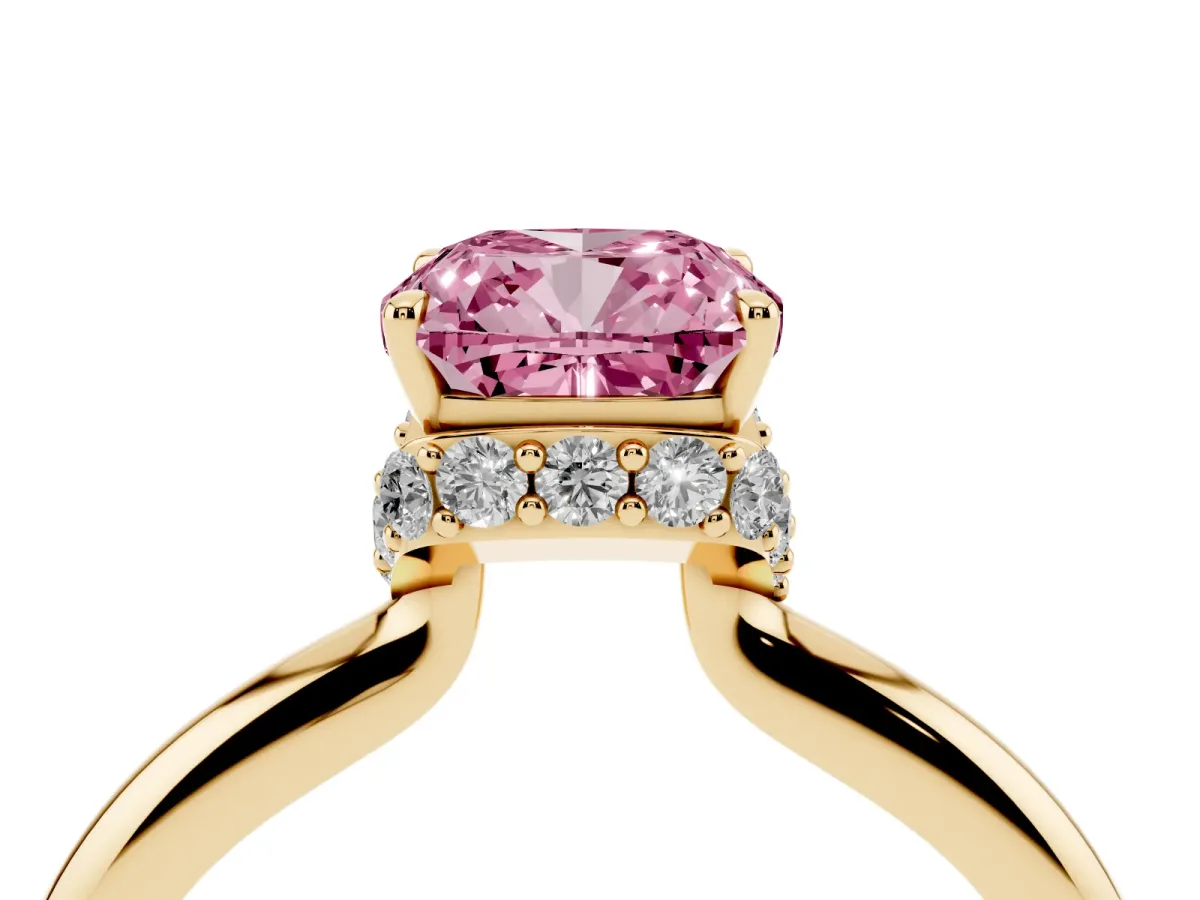 Fancy Pink Cushion Cut Brilliant Solitaire Engagement Ring with Six-Prong Setting and Classic Band Yellow gold