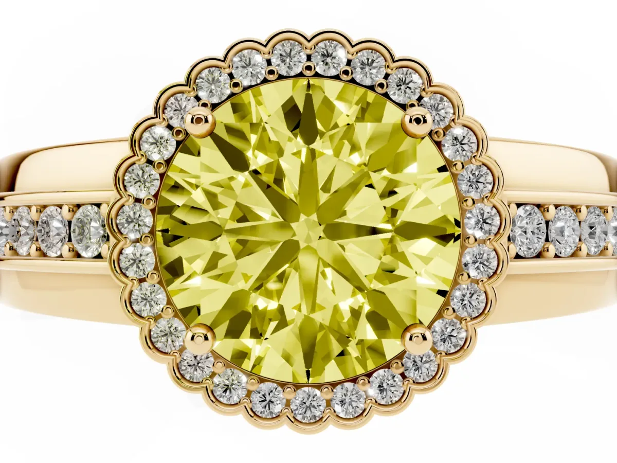 Fancy Yellow Round Cut Cut Halo Pave Band Four-Prong Ring Yellow gold