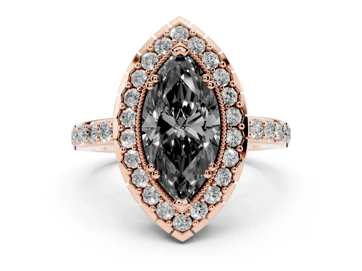 Fancy Black Marquise Cut Diamond Halo Ring with Pavé Band and Prong Setting Rose gold