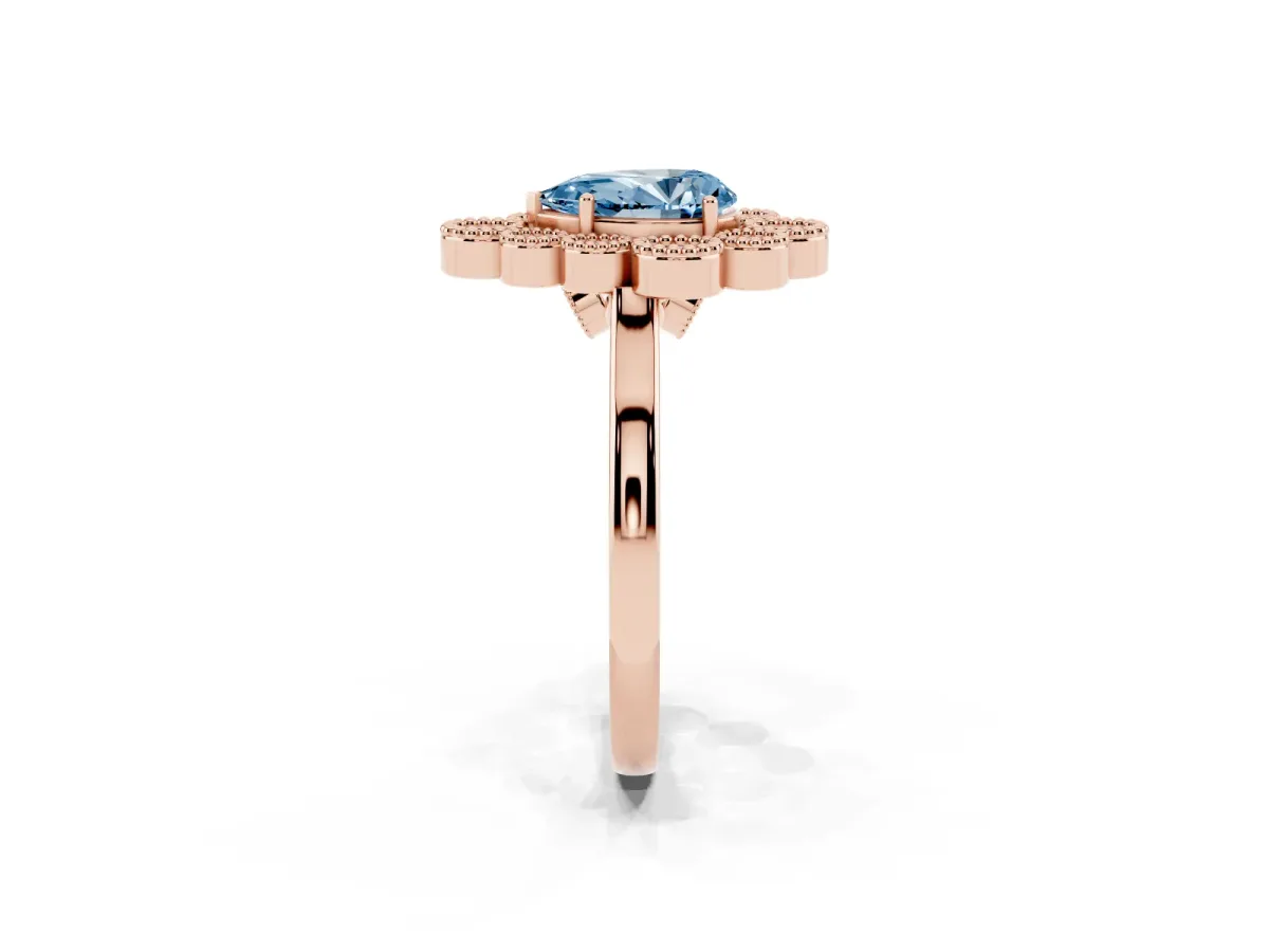 Fancy Blue Pear Cut Halo Diamond Cluster Engagement Ring with Milgrain Bezel Setting and Solitaire Band Rose gold