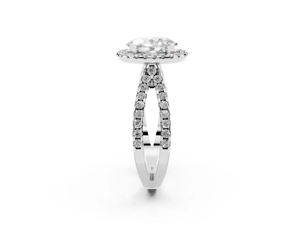 Oval Cut Diamond Halo Ring with Split Shank Pavé Band and Prong Setting Silver